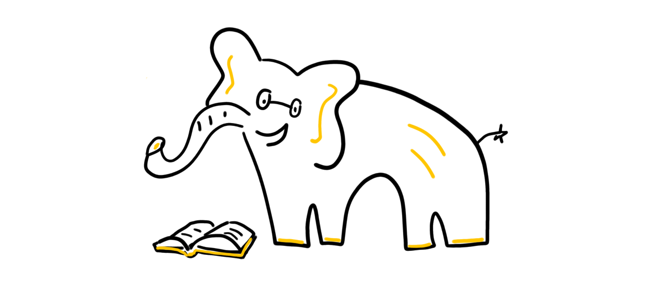 A smiley, illustrated elephant reading a book