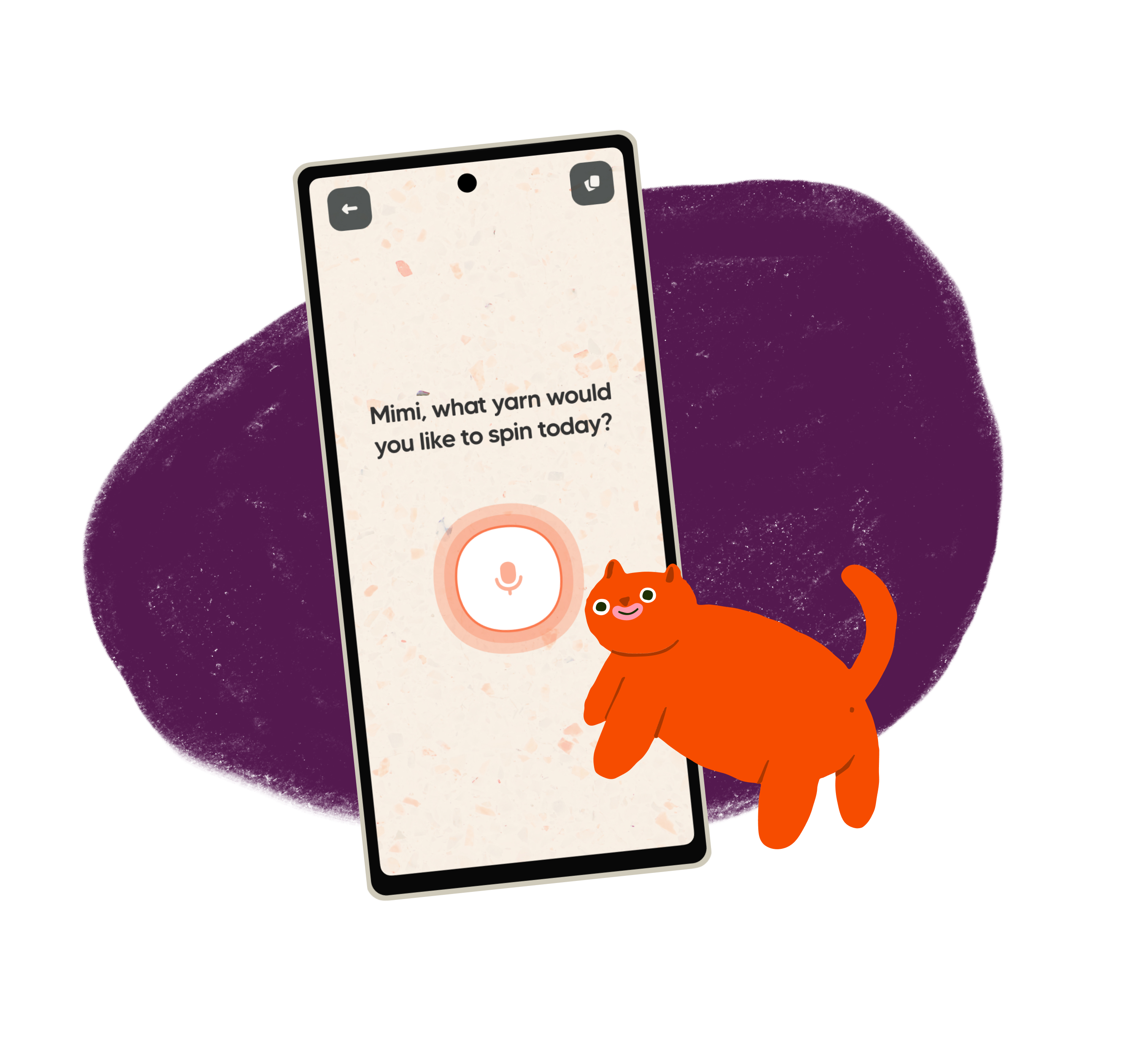The yarn app is asking Mimi what yarn they want to spin today. A microphone button is pulsing while a curious red cat ponders about what to say.