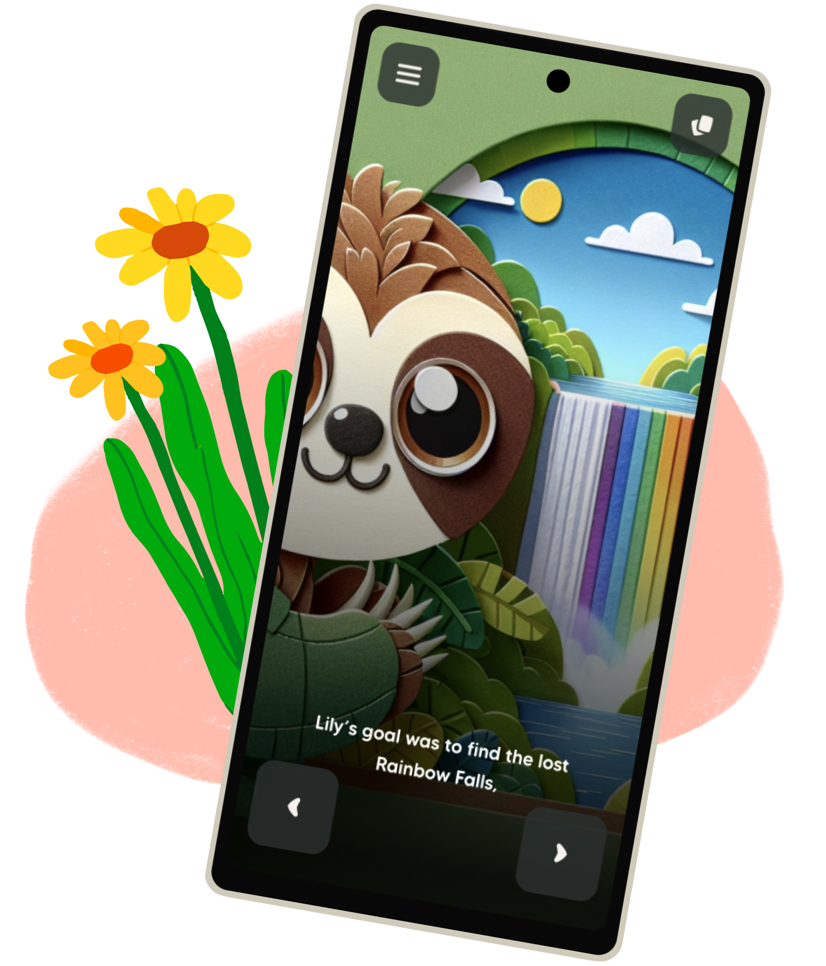 A mobile screen with the yarn app on it showing a cute sloth near a rainbow coloured waterfall with text that says 'Lily's goal was to find the lost Rainbow Falls.'